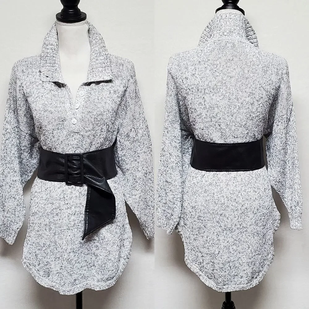 VINTAGE 1970s Erika Gray Black Speckle Knit High Low V-neck Wide Belt Dress M